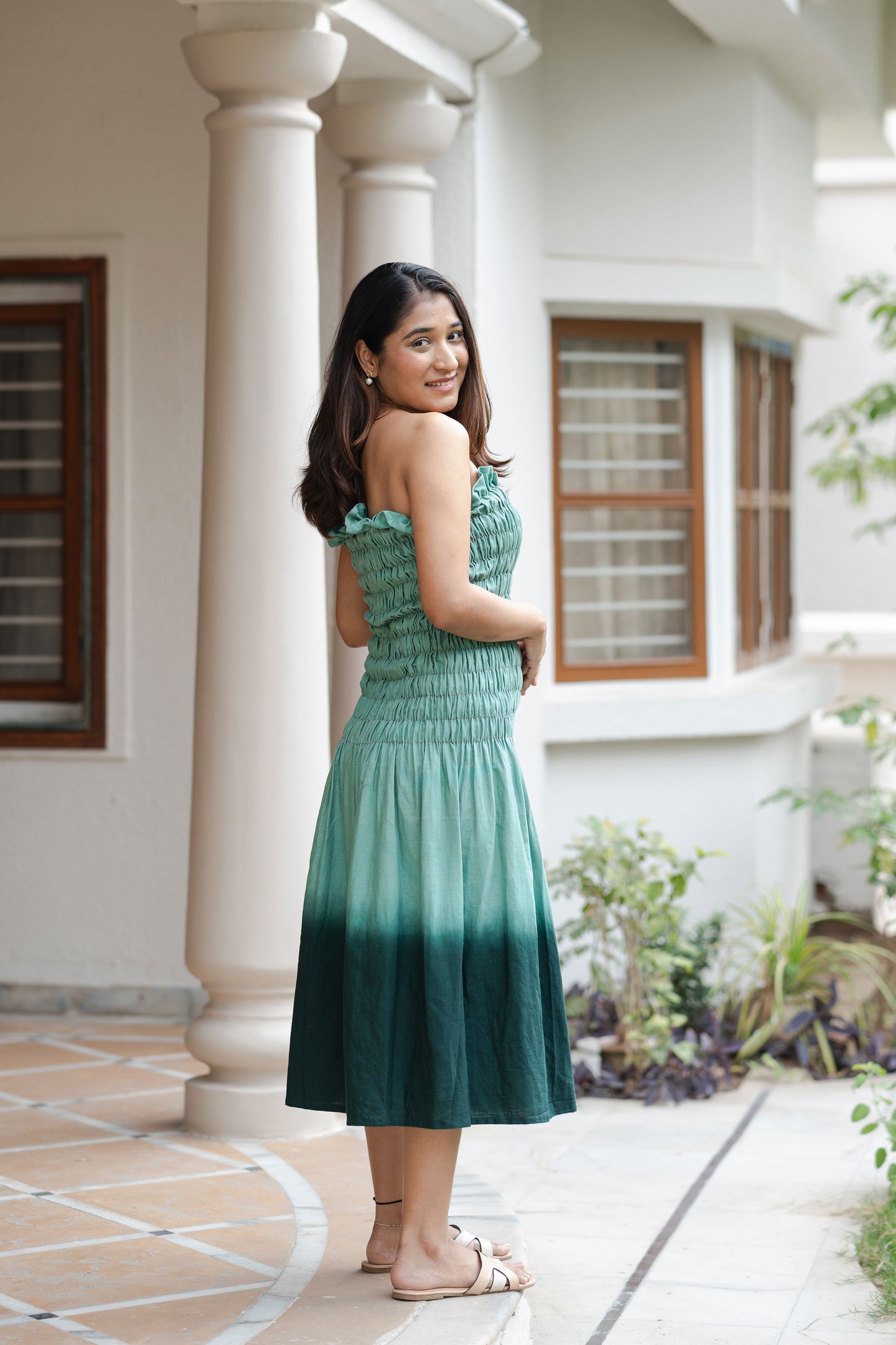 Chhaya Green Smocked Maxi Dress with jacket