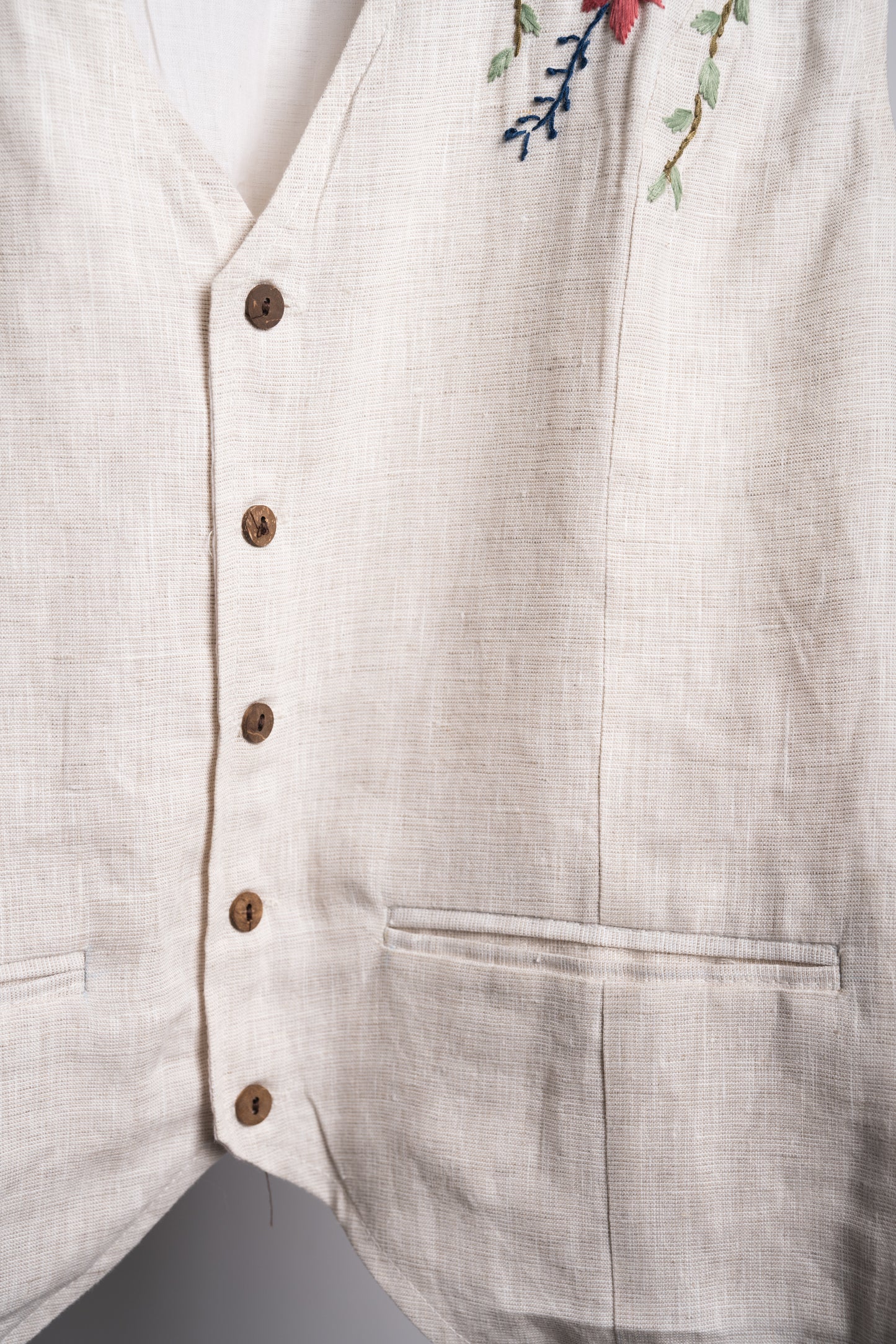 Off White Linen Embroidered Vest
