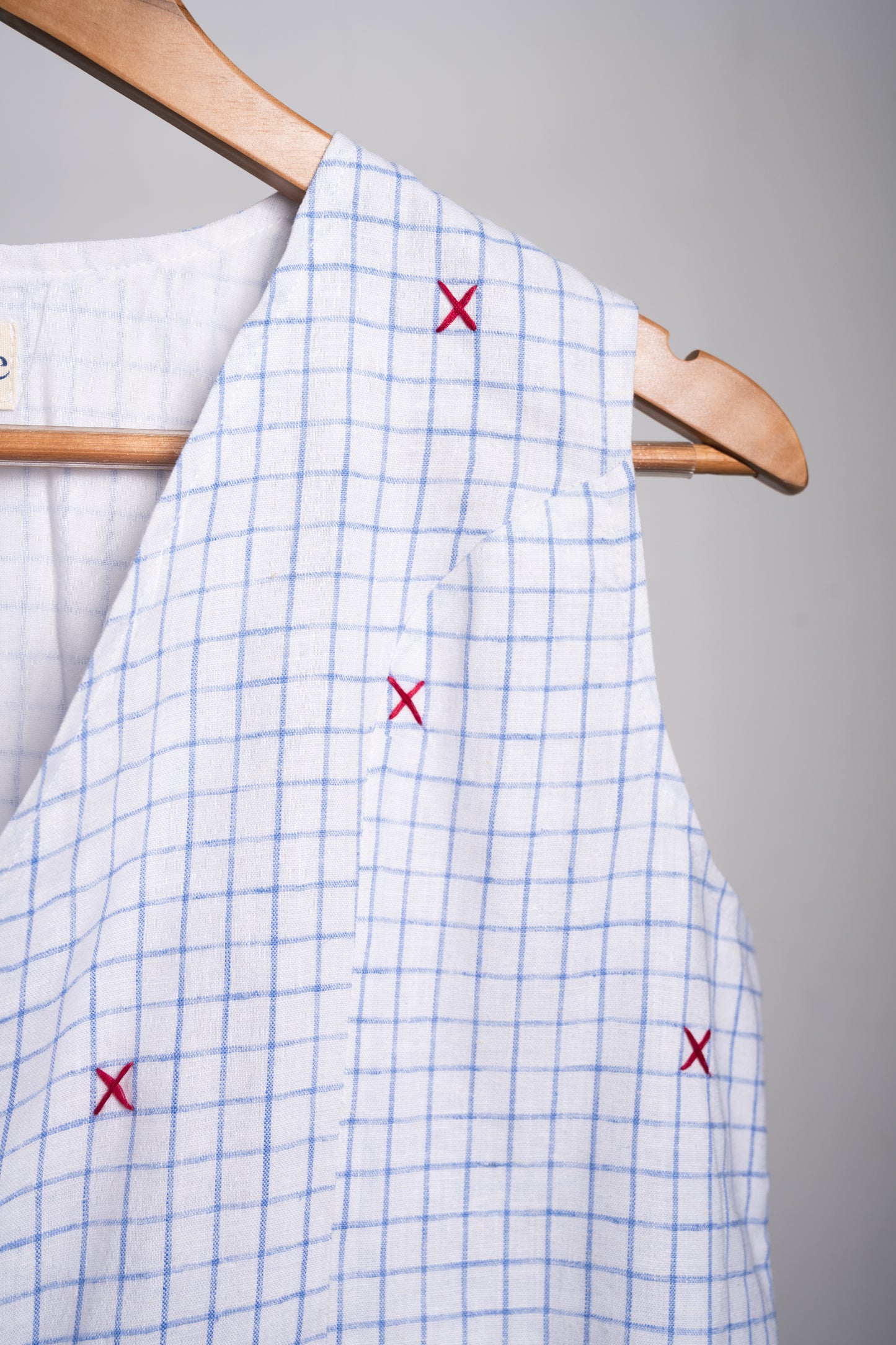 White Checks embroidered Linen Vest