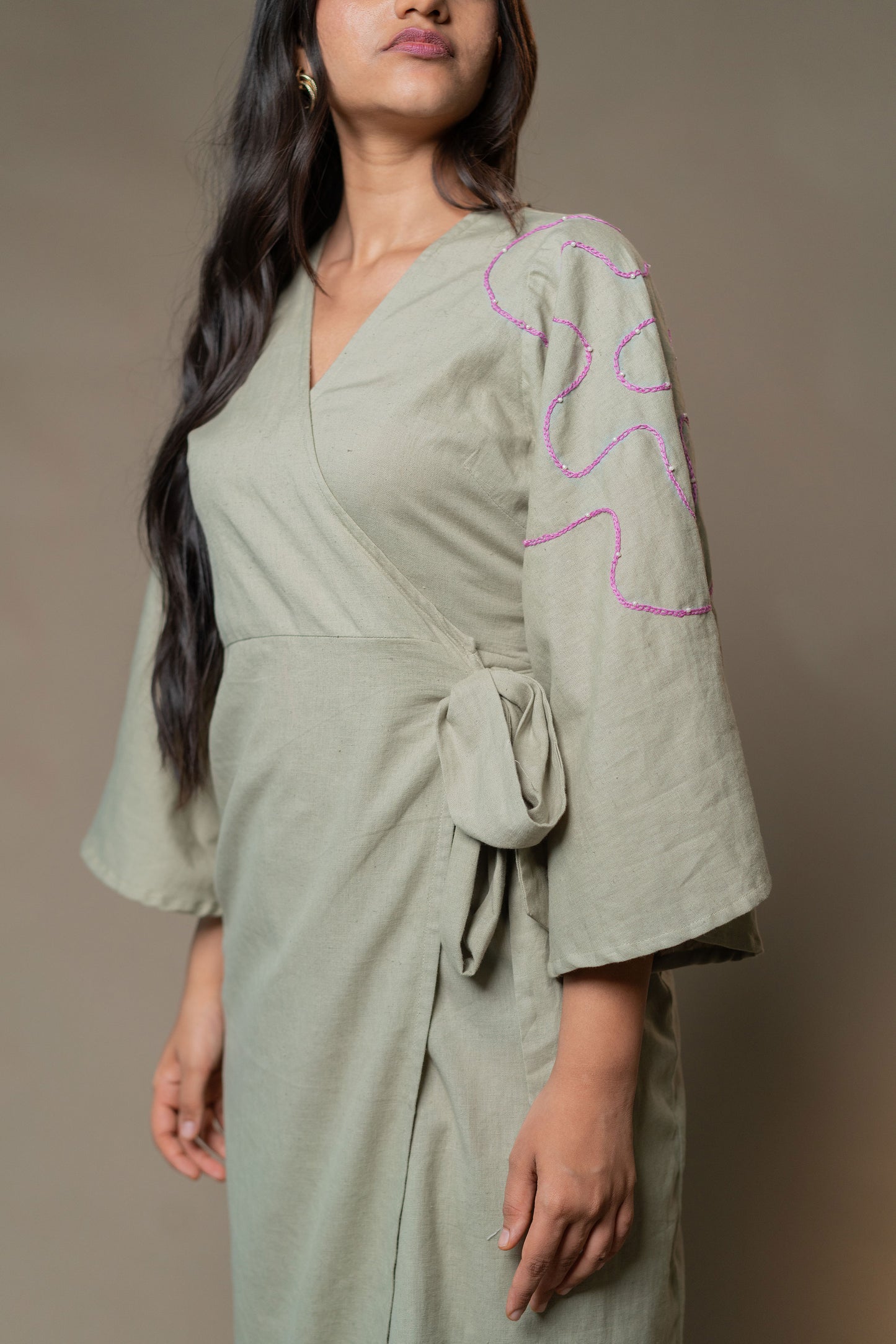 Olive Zephyr Midi Wrap Dress