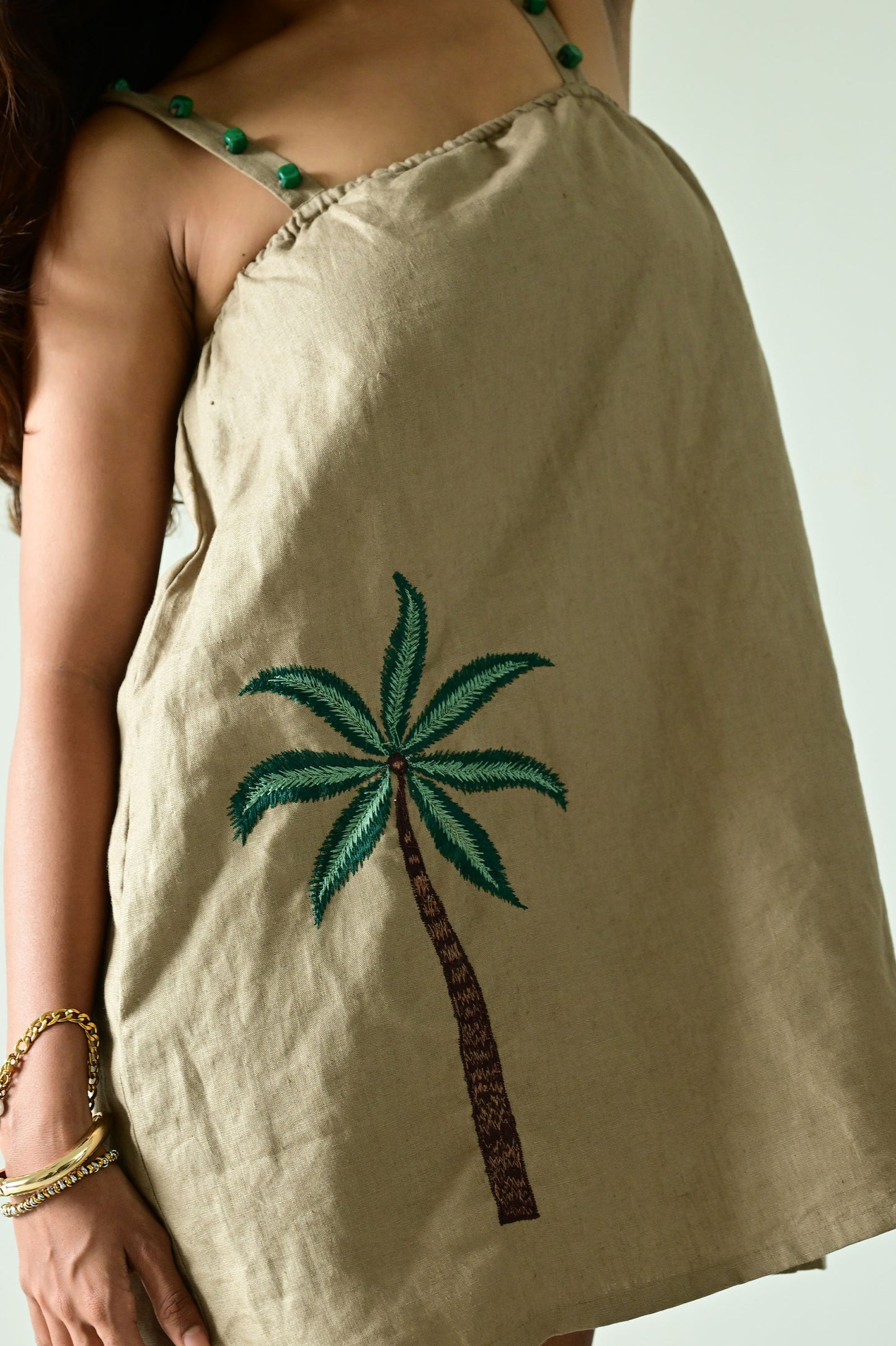 Brown 100% Linen Embroidered Short Dress