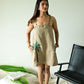 Brown 100% Linen Embroidered Short Dress