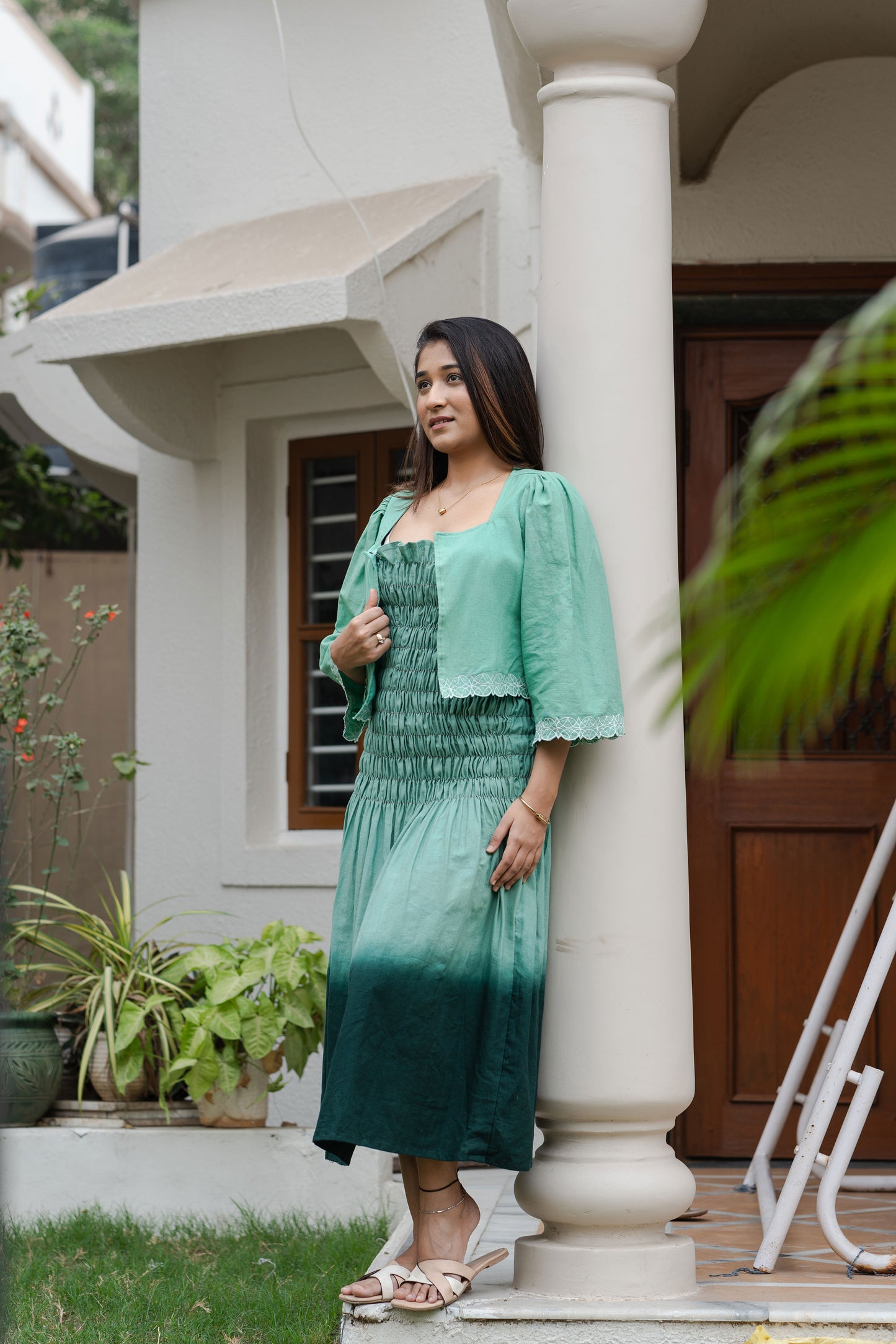 Chhaya Green Smocked Maxi Dress with jacket