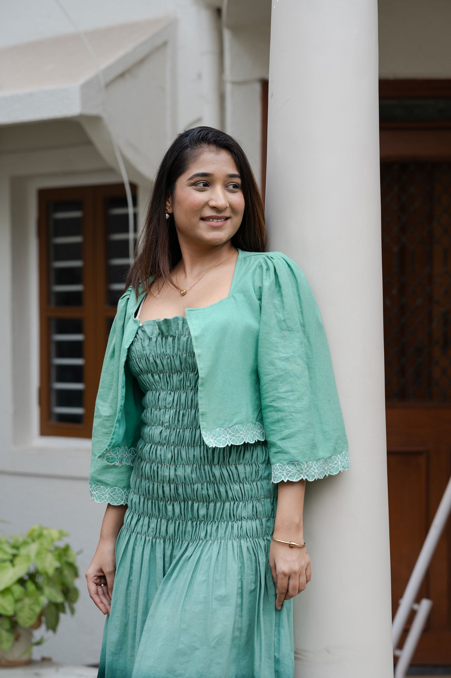 Chhaya Green Smocked Maxi Dress with jacket