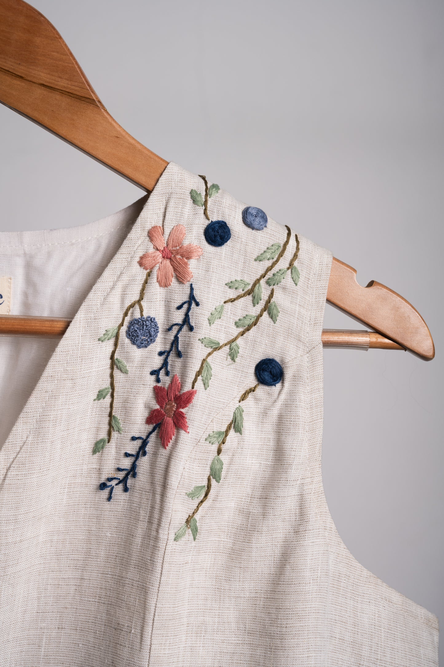 Off White Linen Embroidered Vest