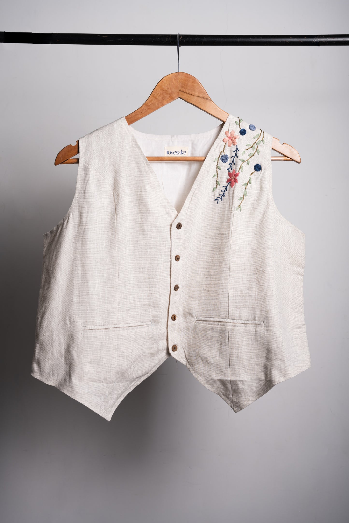 Off White Linen Embroidered Vest