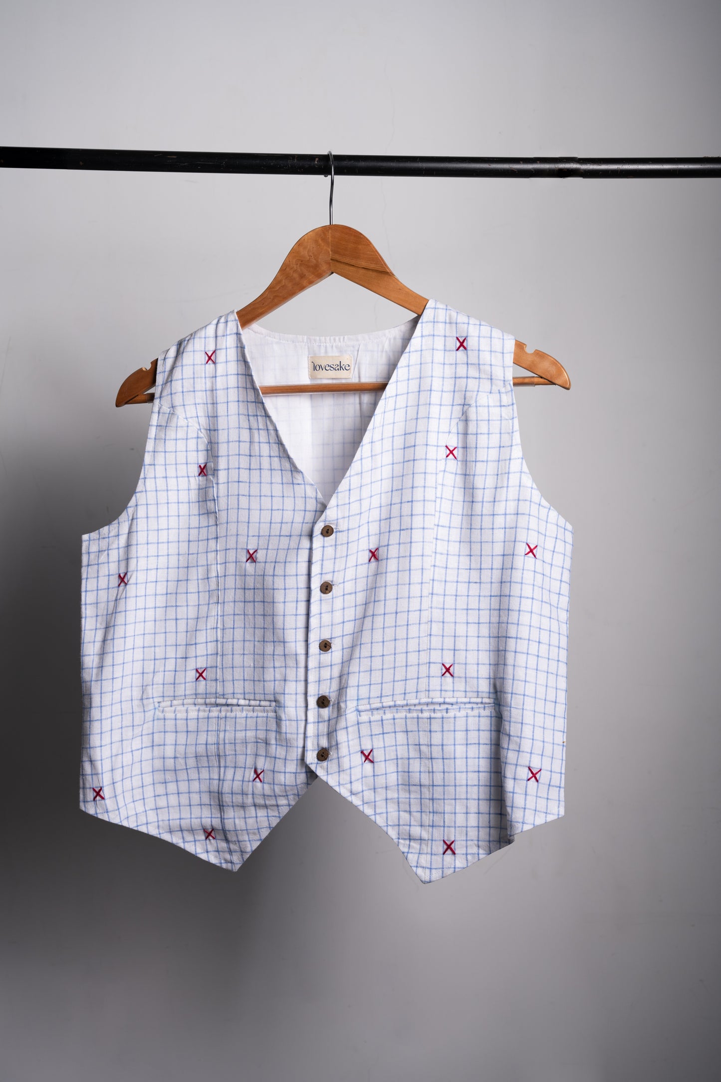 White Checks embroidered Linen Vest