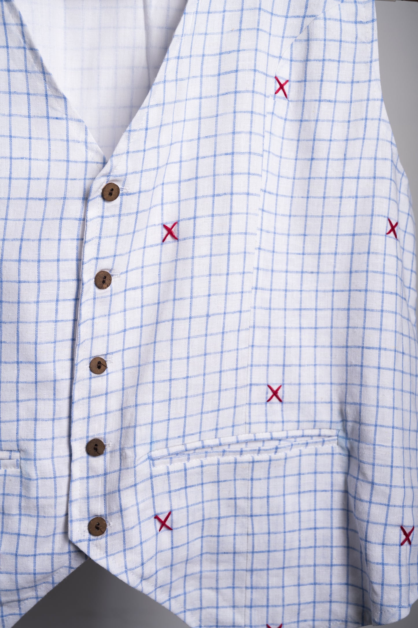White Checks embroidered Linen Vest