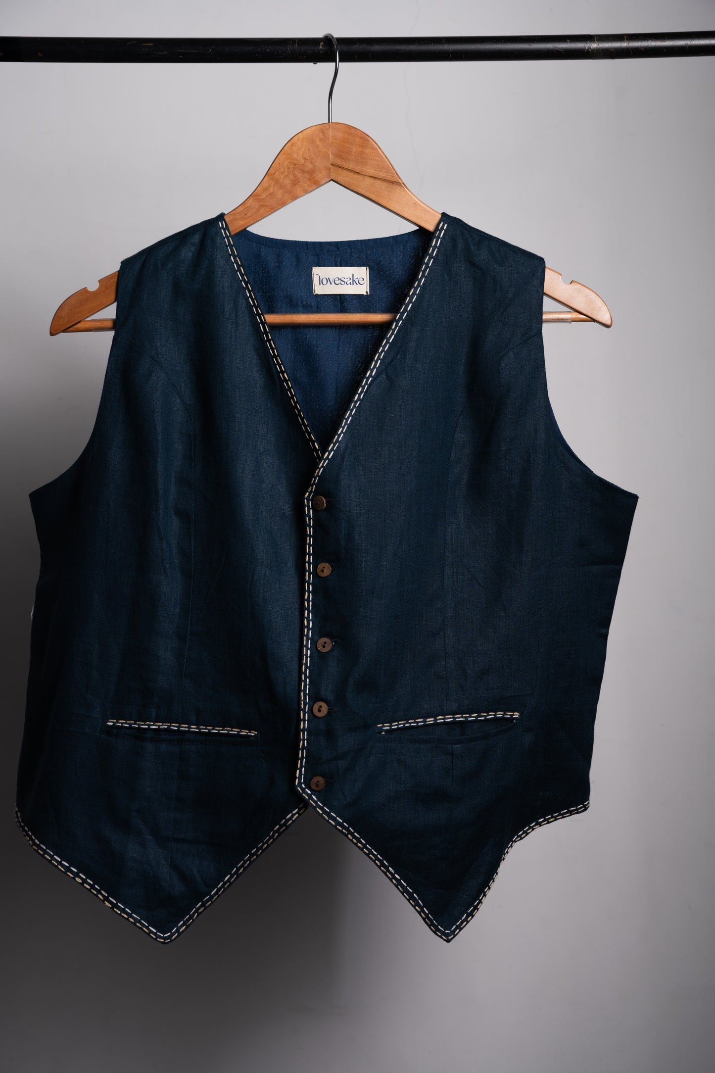 Teal Blue Embroidered Linen Vest