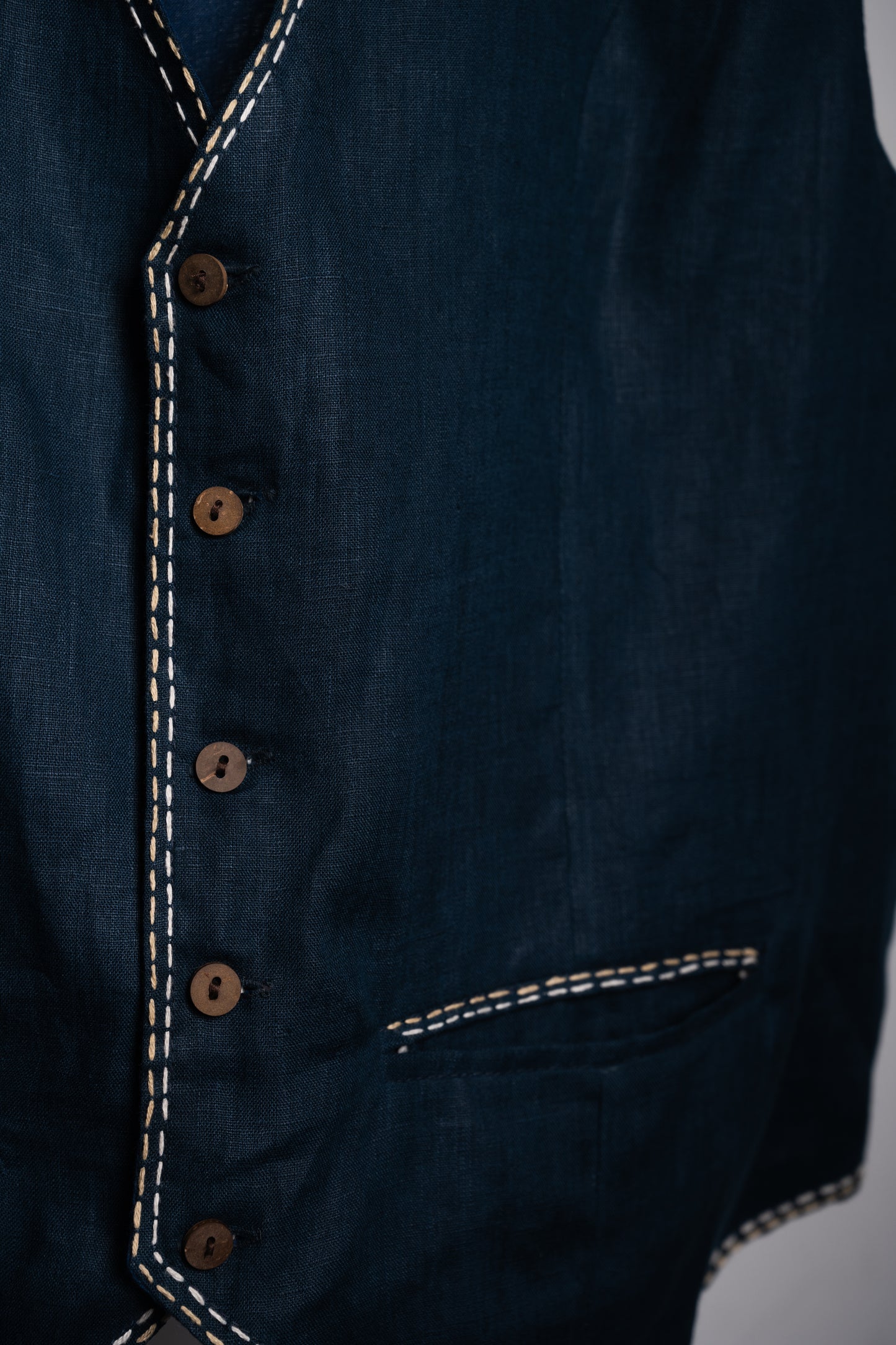 Teal Blue Embroidered Linen Vest