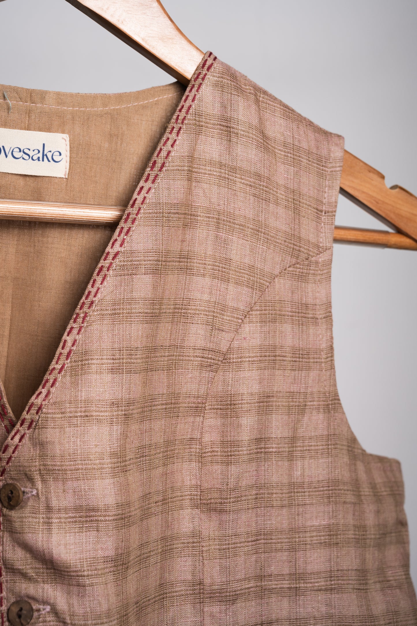 Brown Checks Embroidered Linen Vest